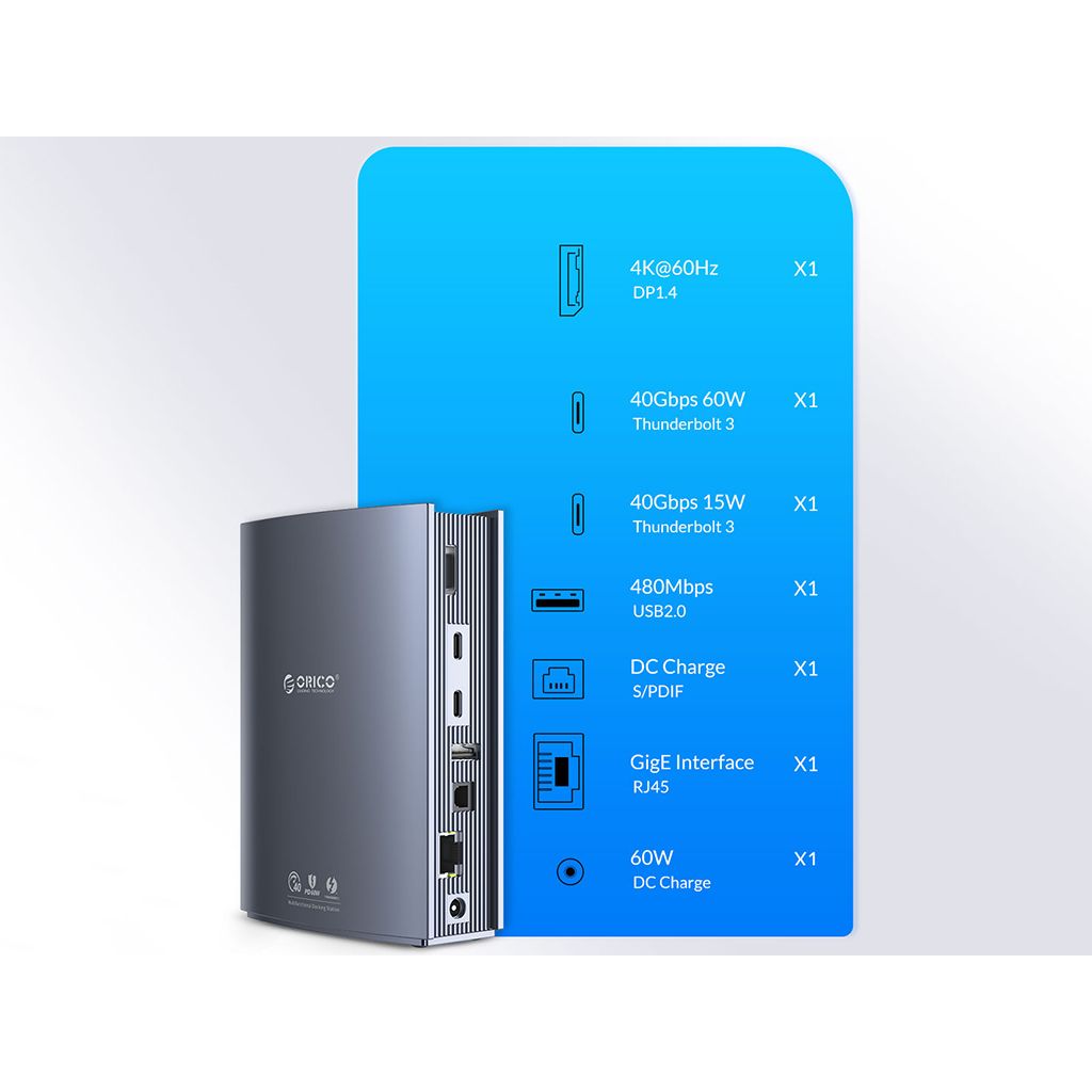 ORICO Connect Station USB-C Thunderbolt 3, 15 u 1,5x USB, 2x TB3, 2x USB-C, DP, RJ45, SD+TF, audio, ORICO TB3-S3