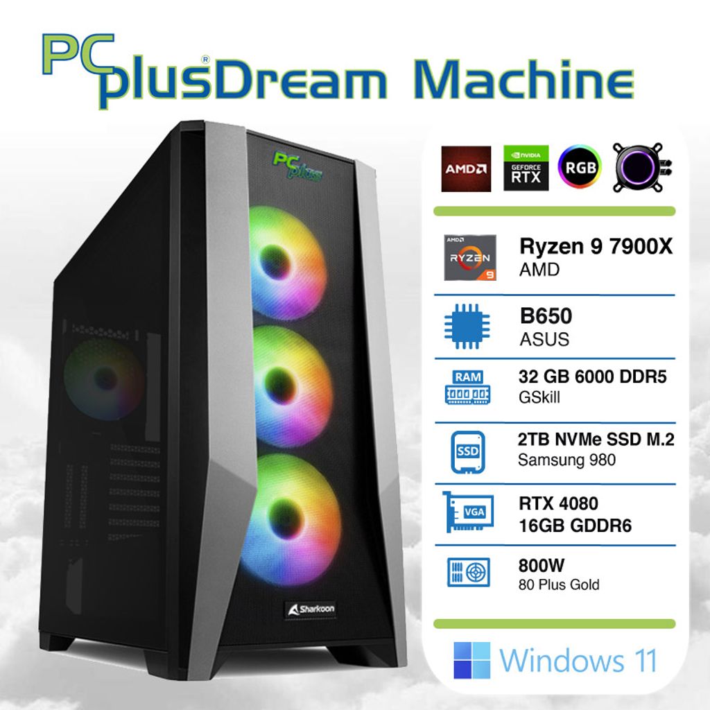 PCPLUS Dream Machine Ryzen 9 7900X 32GB 2TB NVMe SSD GeForce RTX 4080 16GB Windows 11 Home gaming desktop