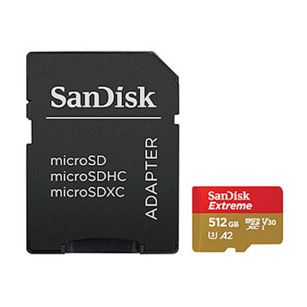 SANDISK SDXC MICRO 512GB EXTREME, 190/130 MB/s, A2, UHS-I, U3, V30, C10, adapter