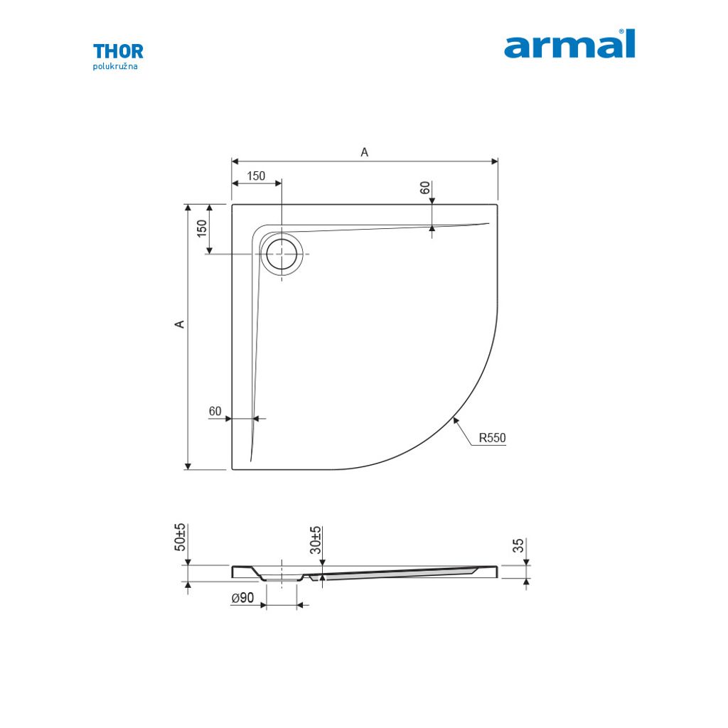 ARMAL tuš kada Thor, 80x80x3,5 bez sifona