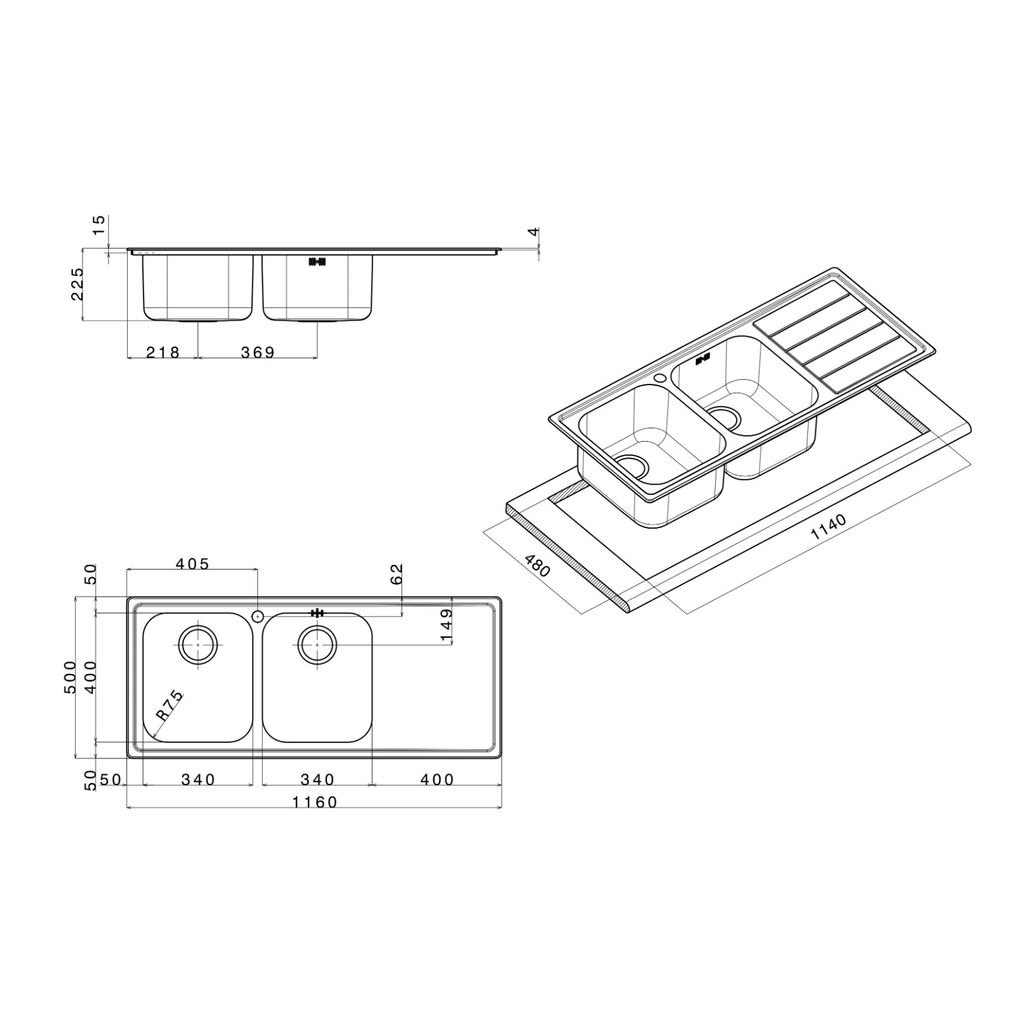 APELL sudoper LINEAR LN 1162 IRBC 116x50 cm - desni ocjeđivač