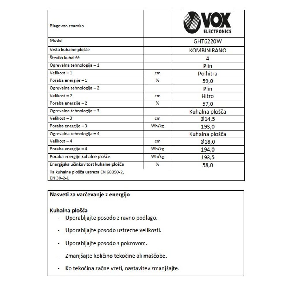 VOX kombinirani štednjak GHT 6220 W 