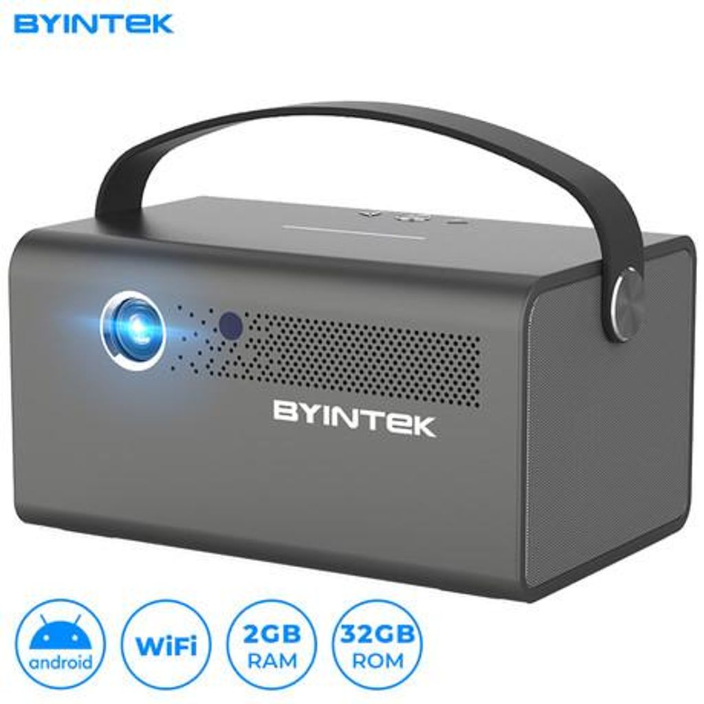 BYINTEK R17 PRO prijenosni mini 3D LED DLP projektor, Android, WiFi, BT5.0, 2GB + 32GB, baterija, 750 lumena, dualni zvučnici, max. 4K UHD, HDMI, srebrna