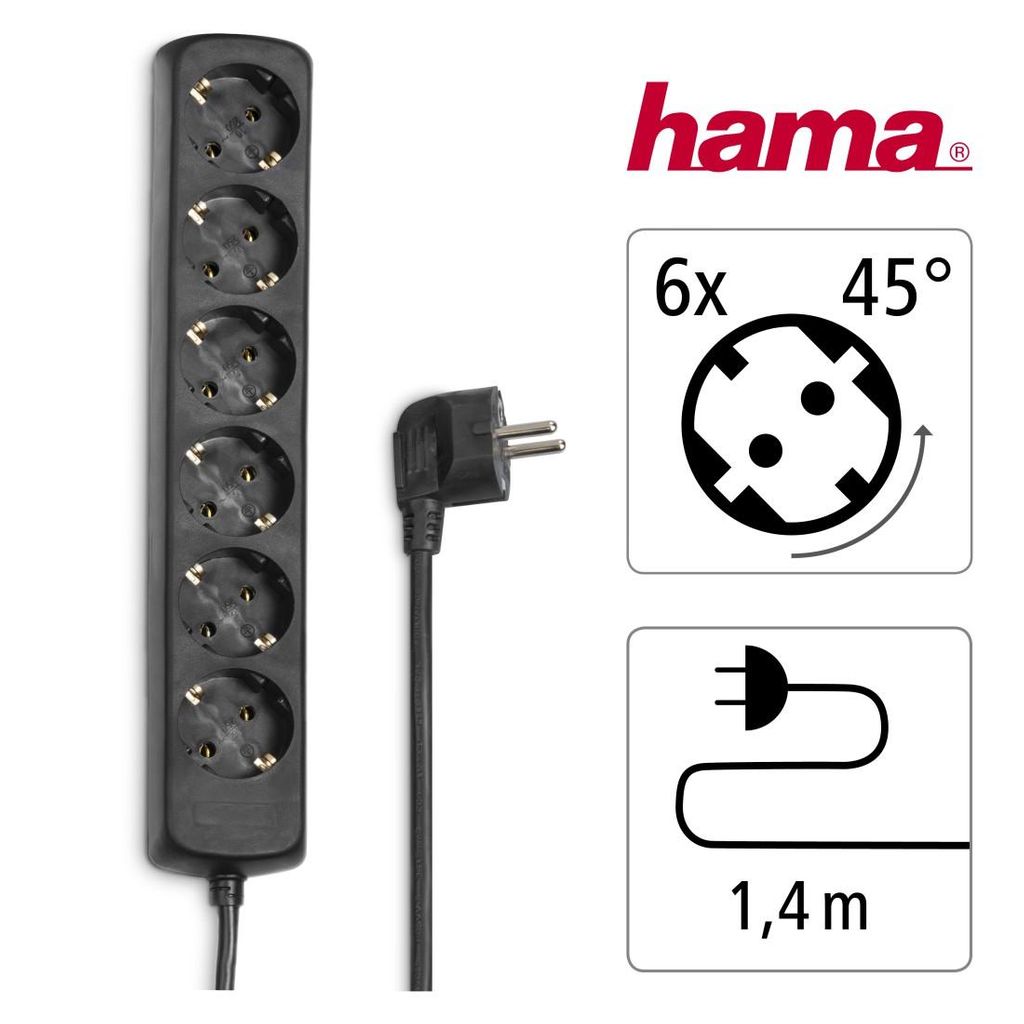 HAMA produžni kabel, 6 utičnica, 1,4 m, crni