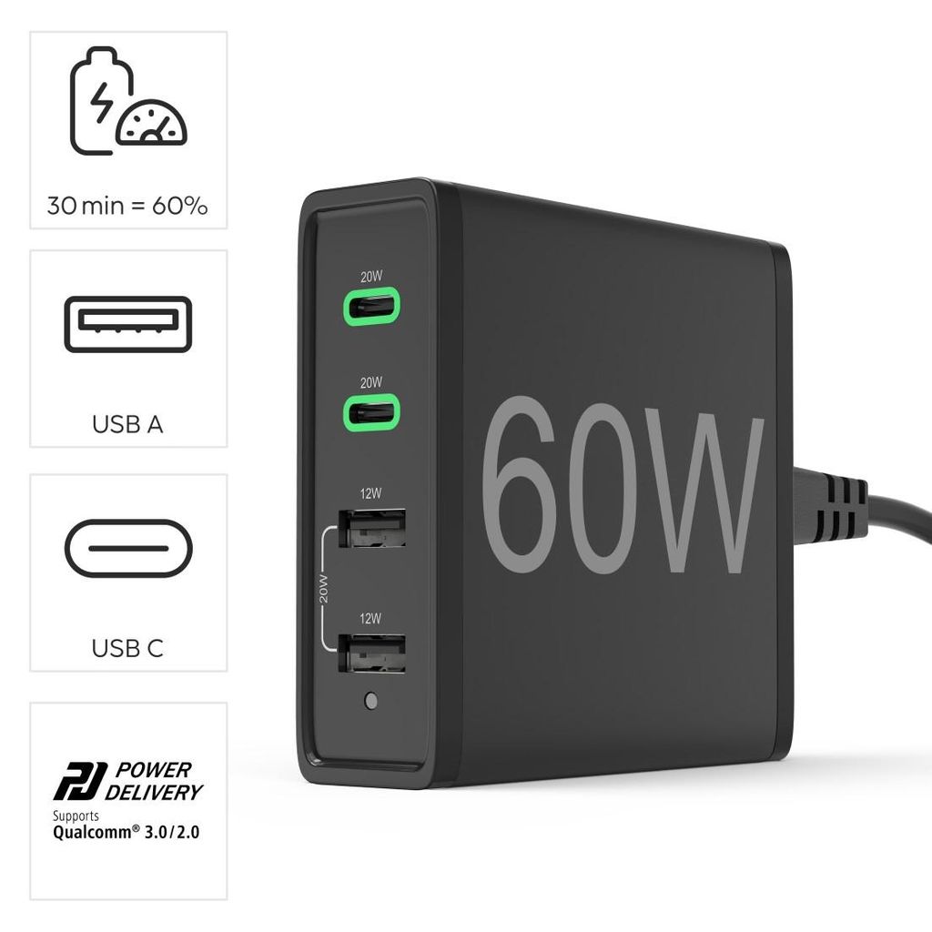 HAMA Brzi punjač sa 4 priključka, 2x USB-C PD/QC, 2x USB-A, 60 W, crni