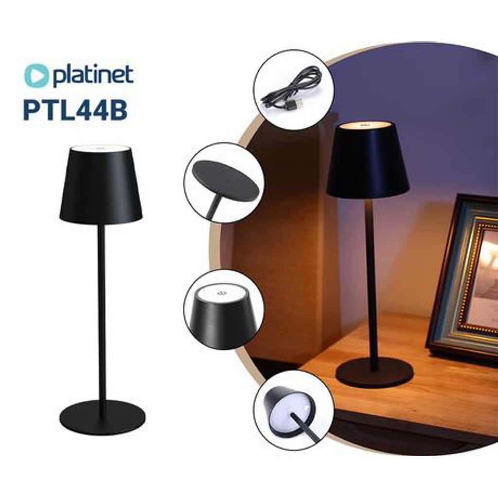 PLATINET PTL44B bežična LED stolna lampa, do 400 lumena, podesiva svjetlina, podesiva temperatura boje, 4000mAh punjiva baterija, IP44 otpornost, USB Type-C, 37x12cm, metal, crna